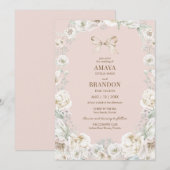 Roze Coquette Bow Bloemen Huwelijksuitnodiging Kaart (Voorkant / Achterkant)