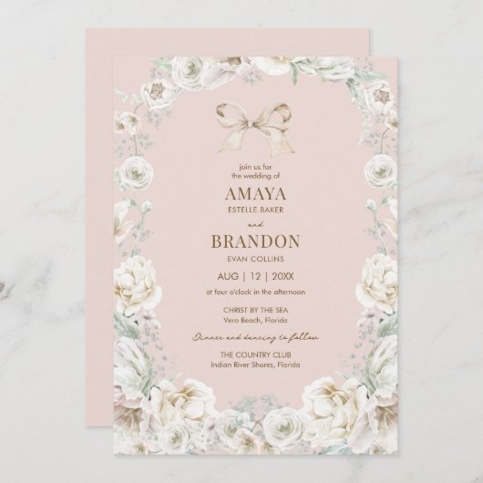 Roze Coquette Bow Bloemen Huwelijksuitnodiging Kaart (Voorkant / Achterkant)