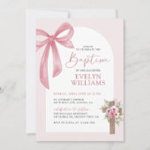 Roze Coquette Bow Bloemen Kruis Meisje Doopsel Fot Kaart (Voorkant)
