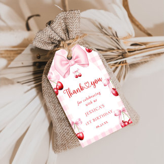 Roze Coquette Bow Cherry eerste verjaardagsfeestje Cadeaulabel
