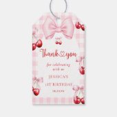 Roze Coquette Bow Cherry eerste verjaardagsfeestje Cadeaulabel (Achterkant)