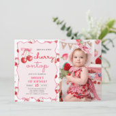 Roze Coquette Bow Cherry op Top 1st Verjaardag Fot Kaart (Staand voorkant)