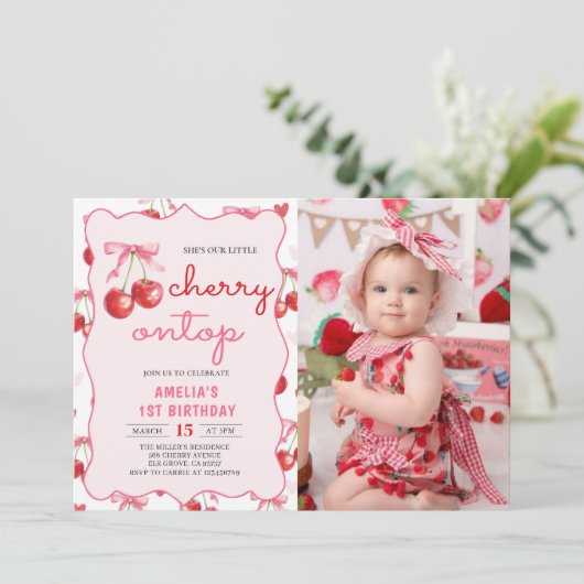 Roze Coquette Bow Cherry op Top 1st Verjaardag Fot Kaart (Staand voorkant)