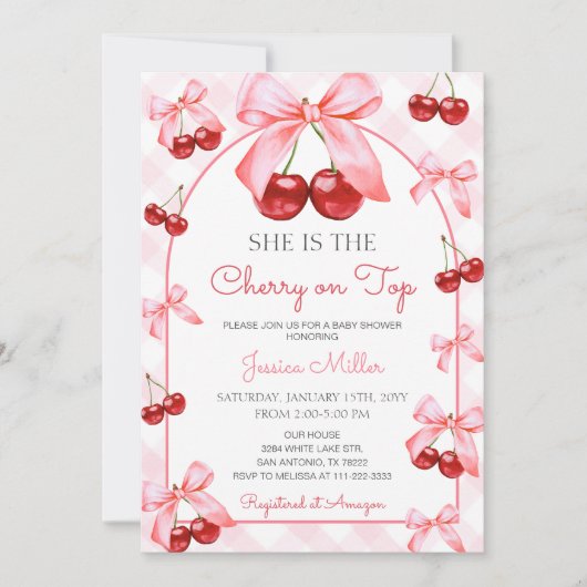 Roze Coquette Bow Cherry op Top Baby shower Kaart (Voorkant)