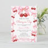 Roze Coquette Bow Cherry op Top Baby shower Kaart (Staand voorkant)