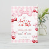 Roze Coquette Bow Cherry op Top Baby shower Party Kaart (Staand voorkant)