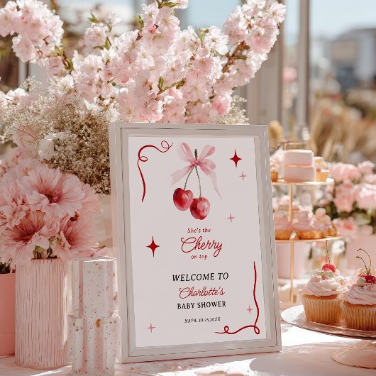 Roze Coquette Bow Cherry op top Meisje Baby shower Poster