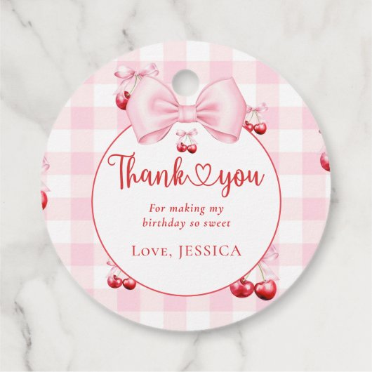 Roze Coquette Bow Cherry Verjaardagsfeest Dank u Bedankjes Labels (Achterkant)