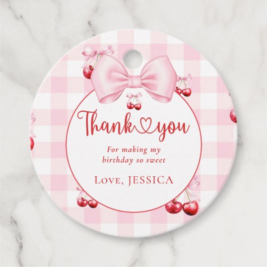 Roze Coquette Bow Cherry Verjaardagsfeest Dank u Bedankjes Labels (Voorkant)
