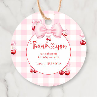 Roze Coquette Bow Cherry Verjaardagsfeest Dank u Bedankjes Labels