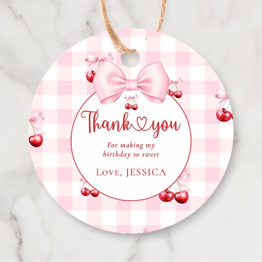 Roze Coquette Bow Cherry Verjaardagsfeest Dank u Bedankjes Labels