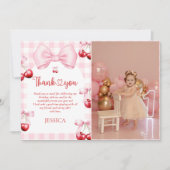 Roze Coquette Bow Cherry Verjaardagsfoto Bedankkaart (Voorkant)
