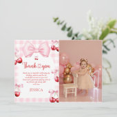 Roze Coquette Bow Cherry Verjaardagsfoto Bedankkaart (Staand voorkant)
