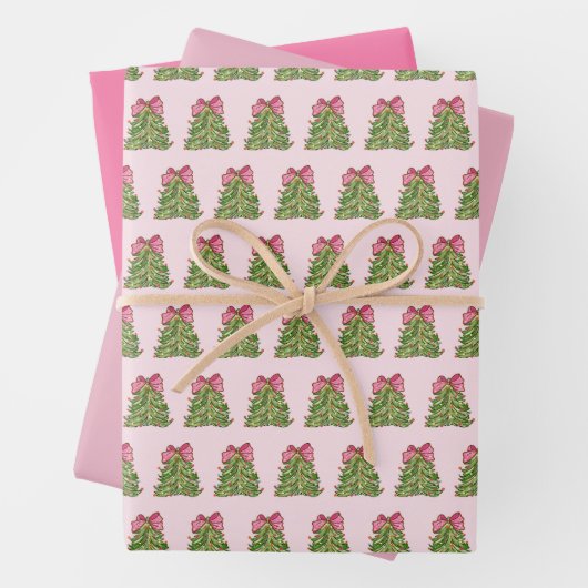 Roze Coquette Bow Christmas Tree Wrapping Paper (In situ)
