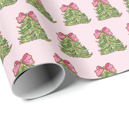 Roze Coquette Bow Christmas Tree Wrapping Paper Cadeaupapier (Rol Hoek)