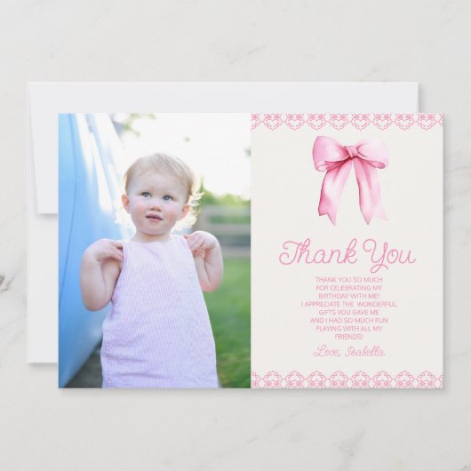 Roze Coquette Bow Custom Afbeelding Verjaardagsfee Bedankkaart (Voorkant)