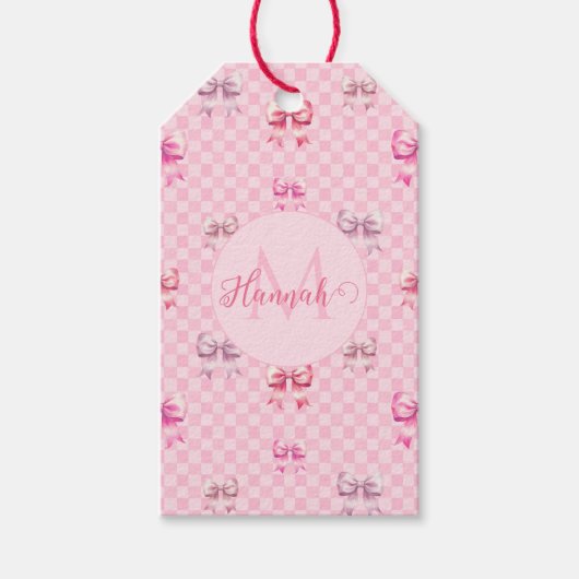 Roze Coquette Bow dambord Cadeaulabel (Voorkant)