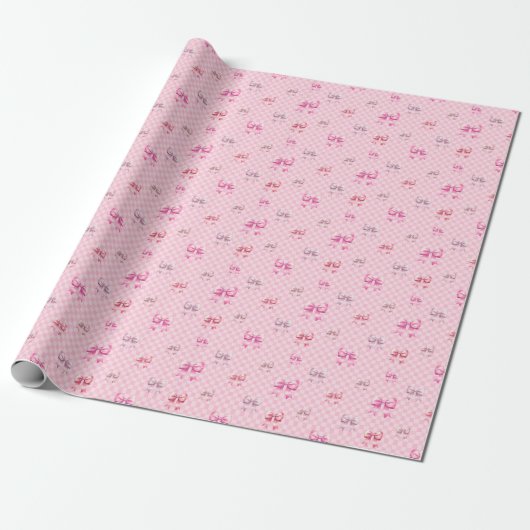 Roze Coquette Bow dambord Cadeaupapier (Uitgerold)