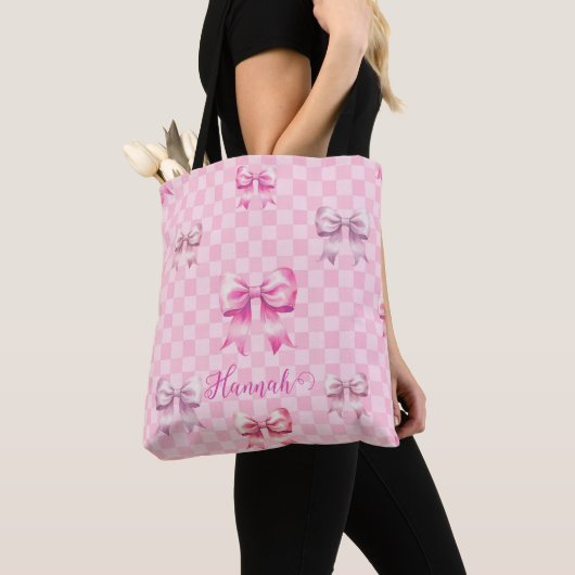 Roze Coquette Bow dambord Tote Bag (Dichtbij)