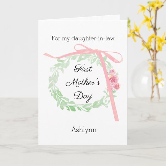 Roze Coquette Bow en Bloemen 1e Moederdag Kaart (Gele Bloem)