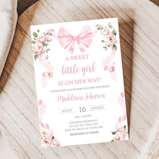 Roze Coquette Bow Floral Baby shower Kaart