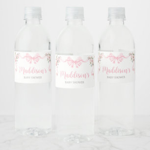 Roze Coquette Bow Floral Baby shower Waterfles Etiket