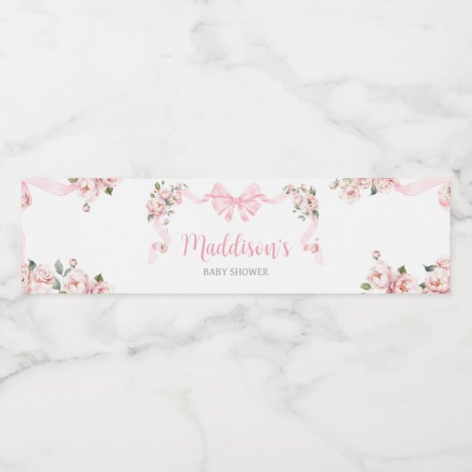 Roze Coquette Bow Floral Baby shower Waterfles Etiket (Enkel label)