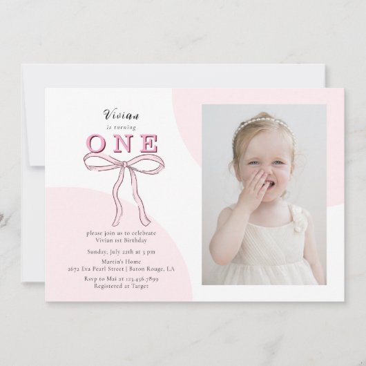 Roze Coquette Bow Foto 1e verjaardag Kaart (Voorkant)