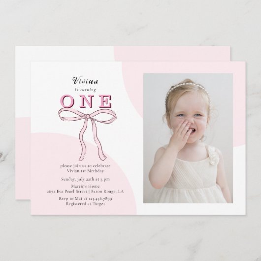 Roze Coquette Bow Foto 1e verjaardag Kaart (Voorkant / Achterkant)