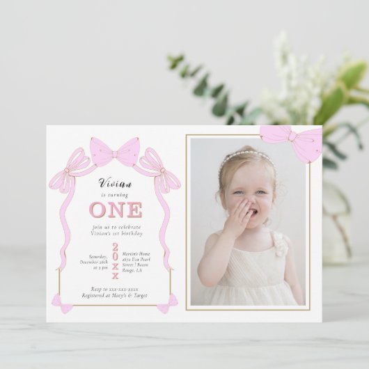 Roze Coquette Bow Foto 1e verjaardag Kaart (Staand voorkant)