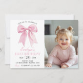 Roze Coquette Bow Girl Verjaardag Foto Uitnodiging (Voorkant)