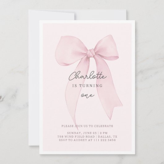 Roze Coquette Bow Girl's Verjaardag Uitnodiging (Voorkant)