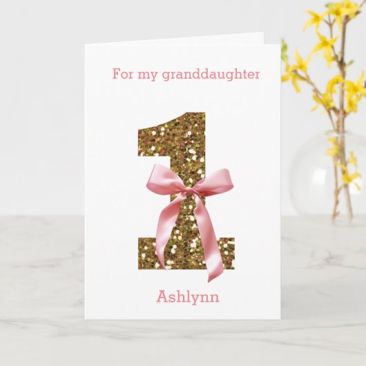 Roze Coquette Bow Gouden Glitter 1e Verjaardag Kaart (Gele Bloem)