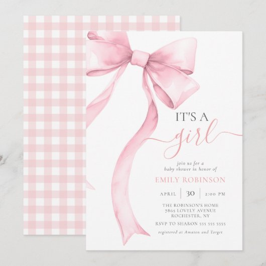 Roze Coquette Bow Het is een meisje Baby shower Gi Kaart (Voorkant / Achterkant)