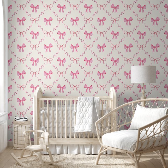 Roze Coquette Bow Lattice Pattern Peel en Stick Behang (Kinderen)