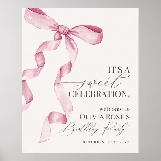 Roze Coquette Bow Meisje Verjaardagsfeestje Welkom Poster (Voorkant)