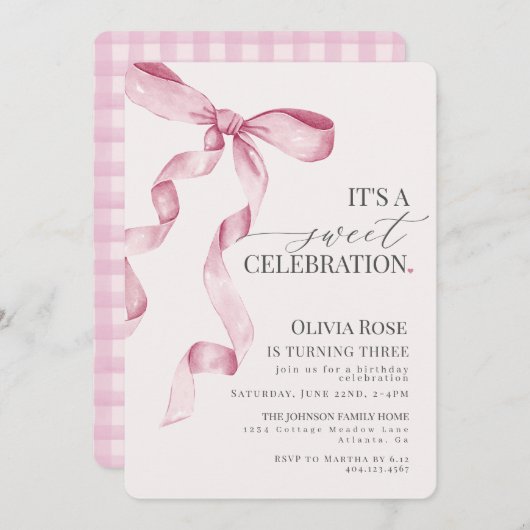 Roze Coquette Bow Meisje Verjaardagsfeestuitnodigi (Voorkant / Achterkant)