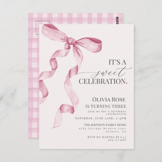 Roze Coquette Bow Meisje Verjaardagsfeestuitnodigi Briefkaart (Voorkant / Achterkant)