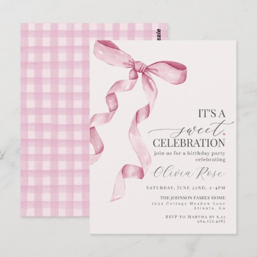 Roze Coquette Bow Meisje Verjaardagsfeestuitnodigi Briefkaart (Voorkant / Achterkant)