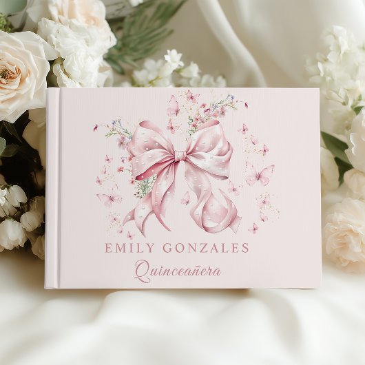 Roze Coquette Bow Parels Quinceañera Verjaardag Gastenboek