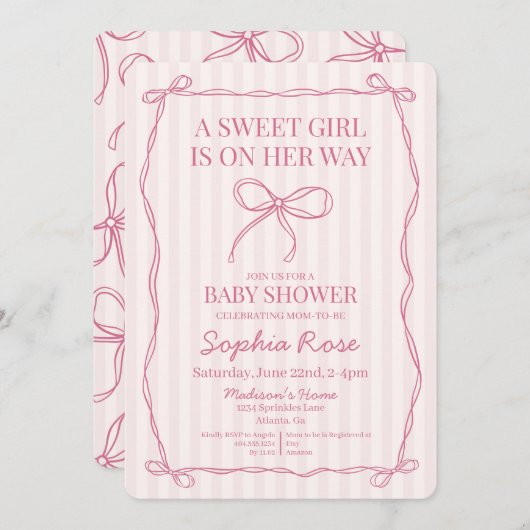 Roze Coquette Bow Pastel Baby shower Kaart (Voorkant / Achterkant)