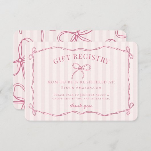 Roze Coquette Bow Pastel Baby shower Registry Informatiekaartje (Voorkant / Achterkant)
