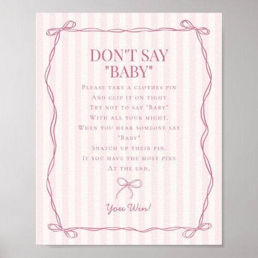 Roze Coquette Bow Pastel Dont Say Baby shower Game Poster (Voorkant)