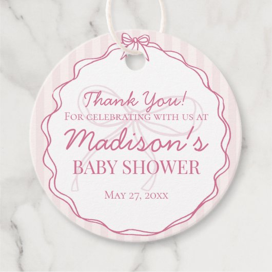 Roze Coquette Bow Pastel Gestreept Baby shower Bedankjes Labels (Voorkant)