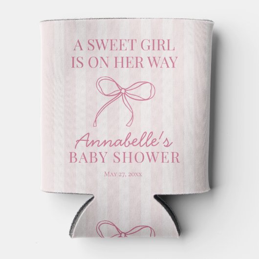 Roze Coquette Bow Pastel Gestreept Baby shower Fav Blikjeskoeler (Voorkant)