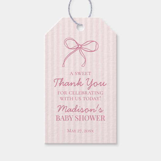 Roze Coquette Bow Pastel Gestreept Baby shower Fav Cadeaulabel (Voorkant)