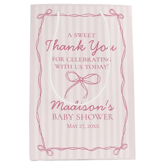 Roze Coquette Bow Pastel Gestreept Baby shower Fav Medium Cadeauzakje (Voorkant)