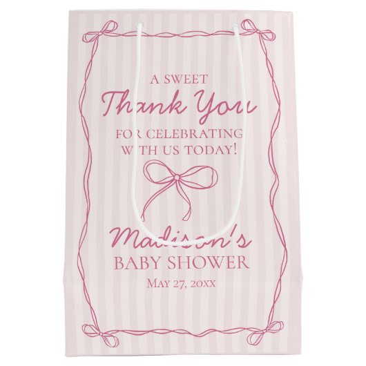 Roze Coquette Bow Pastel Gestreept Baby shower Fav Medium Cadeauzakje (Achterkant)