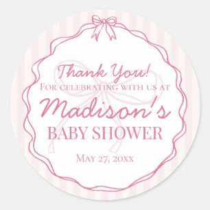 Roze Coquette Bow Pastel Gestreept Baby shower Fav Ronde Sticker