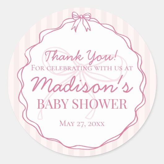 Roze Coquette Bow Pastel Gestreept Baby shower Fav Ronde Sticker (Voorkant)